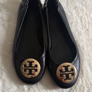 Tory Burch Black Leather Ballet Flats with Gold Logo Medallions